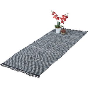 Relaxdays vloerkleed - leder en katoen - tapijt - antislip - chill mat - lappen - franjes - Grijs, 80x200cm