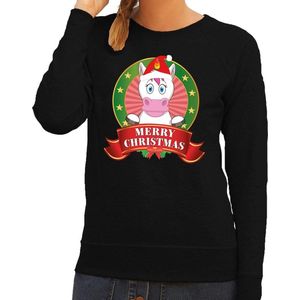 Foute kersttrui / sweater eenhoorn - zwart - Merry Christmas voor dames S