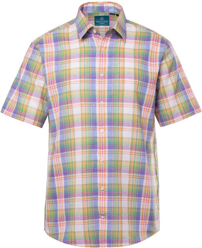 Boston Park - Heren - Boston Park geruit linnenmix overhemd korte mouw kentkraag - Duifblauw - Maat 3XL