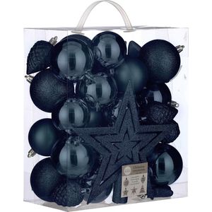 House of Seasons Plastic Kerstballen Set met Piek - 40 Stuks - Ø8 cm - Donkerblauw