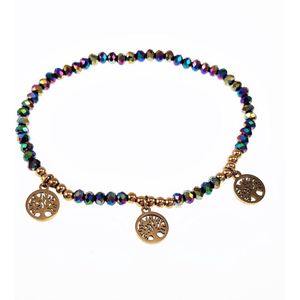 Elastische Armband Dames - Multicolor Facet Geslepen Glaskralen - RVS Goudkleur - Levensboom