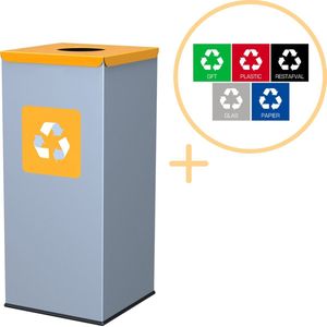 Alda Eco Square Bin, Prullenbak - 60L - Grijs/Geel - Afvalscheiding Prullenbakken - Gemakkelijk Afval Scheiden – Recyclen - Afvalemmer - Vuilnisbak voor huishouden en kantoor - Afvalbakken - Inclusief 5-delige Stickerset