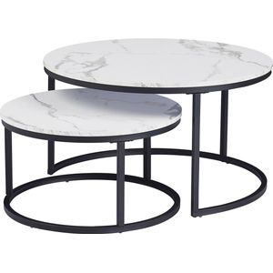 Moderne Salontafel - Set van 2 - Koffietafel - Bijzettafel - 2 Stuks - Ronde Salontafel - Wit - Marmer look - 80 en 60 cm