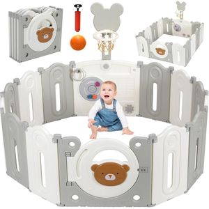 Opvouwbare babybox met basketbalkorf en speelgoedbord – Verstelbare omheining voor kinderen 143 x 143 x 64 cm