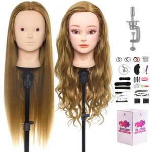 Trainingshoofd met 50% Echte Menselijke Haar - 24"" Bruin Cosmetologie Mannequin met Make-up Functie en Haarstyling Set