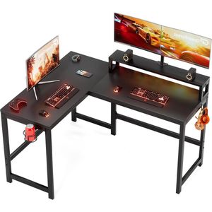 Bureautafel 128 cm L-vormig Computerbureau Hoekbureau met Beker en Haak - Werkstation Monitorstandaard Kleine Ruimtes Zwart