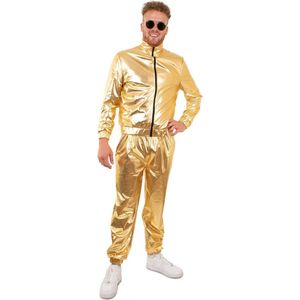 PartyXplosion - Glitter & Glamour Kostuum - Gouden Metallic Retro Trainingspak Proud To Be Goud Heren - Man - goud - Extra Small - Carnavalskleding - Verkleedkleding - Carnaval kostuum heren