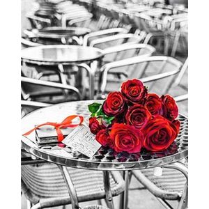 Diamond painting 40x50cm - tafel met rode rozen - ronde steentjes