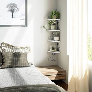 Hoekrek, wandrek van massief hout, kattenvorm, zwevend rek, decoratie voor woonkamer, slaapkamer, keuken, kantoor, 4 planken, modern en eenvoudig, wit