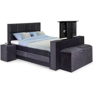 Sweet Sleep Elektrische Boxspring compleet - 180x220 - Incl. 2 Hockers, TV-Lift, Bedbank met opbergruimte & 8-Vlaks Hoofdbord – Monolith Donkergrijs