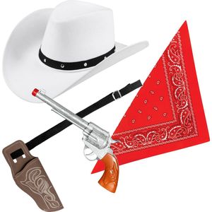 Carnaval verkleeds set cowboyhoed Billy - wit - rode hals zakdoek - holster met revolver