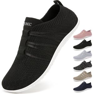 GEWEO Barefoot Schoenen - Instappers - Gymschoenen Zaalschoenen - Sportschoenen Sneaker - Ademend Knit Mesh - Platte Zool - Zwart - Maat 39