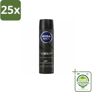 25 x NIVEA MEN – Deodorant spray – Deep – 150 ml - Grootverpakking - Anti-transpirant Spray - Zweetgeur - Droge Huid - 48 Uur Bescherming - Black Carbon
