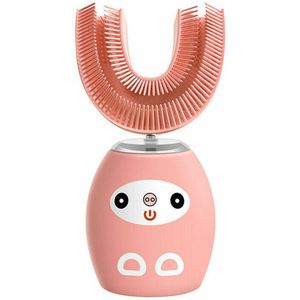 Elektrische tandenborstel in U-vorm voor kinderen, 360° automatische poetsreiniger, roze tandenborstelkop met USB-oplaadfunctie, 8-15 jaar