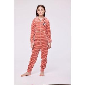 Woody onesie velours unisex - roze gestreept - haas - 232-10-ONE-V/925 - maat 152