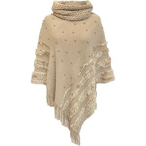 Dames Poncho met Kwast en Turtleneck - Elegante Gebreide Cape voor Herfst en Winter