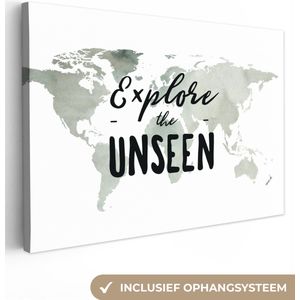 Canvas Wereldkaart - 150x100 - Wanddecoratie Wereldkaart - Wit - Quote