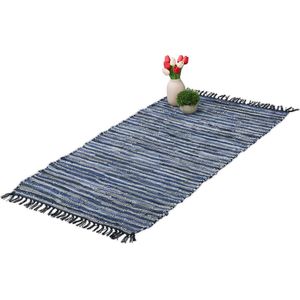 Relaxdays vloerkleed - leder en katoen - tapijt - antislip - chill mat - lappen - franjes - Blauw, 70x140cm