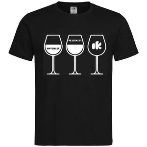 T-shirt Unisex Volwassenen Lol - Festival - carnaval - kermis - festival - vrijgezel - feestje - grappig - humor - Weekend - Wijn - Wine - Wijnglas - Wijnglazen ""Optimist Pessimist IK"" Op Voorkant | korte mouw | Zwart/Wit | maat XXL