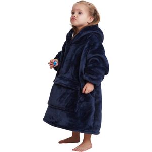 Hoodie deken kind - Fleece kinder poncho - plaid met mouwen en capuchon voor kinderen - hoodie plaid kind - fleece deken met mouwen - hoodie blanket - zacht & warm - maat 116 t/m 134 - blauw