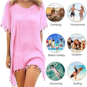Chiffon Strandkleding Vrouwen Strand Bikini Cover Up Kwastje Strand Jurk V-hals Badmode Zomer Casual Badpak