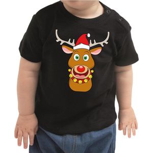 Kerst shirt / t-shirt zwart met Rudolf  het rendier met rode neus voor baby / kinderen - jongen / meisje 74