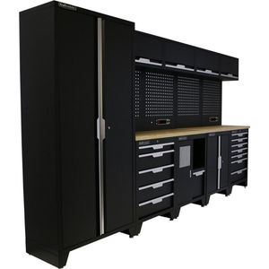 Kraftmeister werkplaatsinrichting - Werkbank met 4 wandkasten, 1 werkplaatskast en multiplex werkblad - Werktafel met 12 laden, 1 opbergkast, 1 prullenbak en gereedschapswand - Complete set voor werkplaats of garage - Zwart