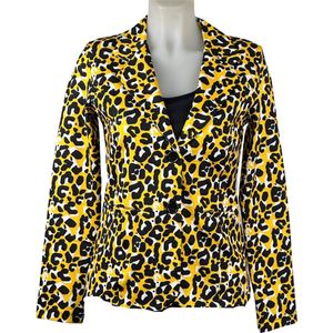 Angelle Milan - Geel-Zwart-wit print blazer voor Dames - Travelstof - Comfort - Strijkvrij - Duurzaam - Maat S - In 5 maten!