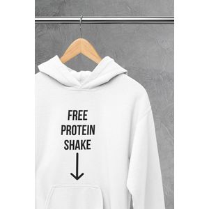 Hoodie - Free protein shake - Wurban Wear | Grappige hoodie | Leuk cadeau | Unisex hoodie | meme | Meme kleding | Viespeuk | Grappige kleding | Grappige trui | Dubbelzinnige kleding | Wit