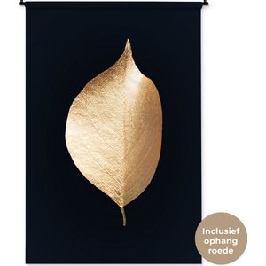 Wandkleed Golden leaves staand - Gouden blad met een punt op een zwarte achtergrond Wandkleed katoen 120x180 cm - Wandtapijt met foto XXL / Groot formaat!