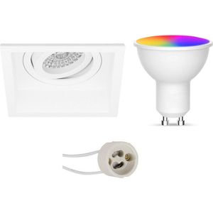 LED Spot Set GU10 - Facto - Smart LED - Wifi LED - Slimme LED - 5W - RGB+CCT - Aanpasbare Kleur - Dimbaar - Afstandsbediening - Pragmi Domy Pro - Inbouw Vierkant - Mat Wit - Verdiept - Kantelbaar - 105mm