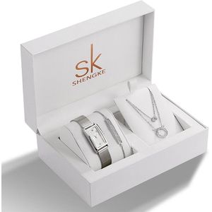 Shengke Horloge, Armband en Ketting | Zilver | Luxe geschenk set | Crystal glass |  Quartz Uurwerk  Japan | Mineraal | Geschenk | Fashion | Elegant | Dames | Vrouw