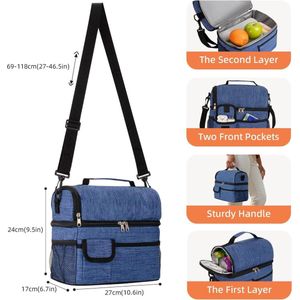 Lunchtas 10L Thermische Tas met Dubbele compartimenten en Roestvrijstalen Bestekset voor Picknick en Werk - Blauw 2 Lunchboxen