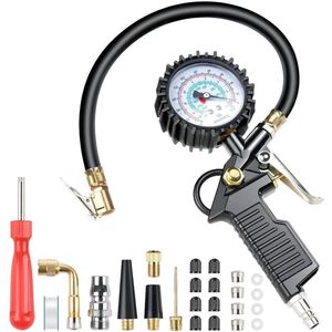 Bandenspanningsmeter 220 PSI met rubberen slang en ventielgereedschap - Geschikt voor compressor auto motorfiets fiets vrachtwagen