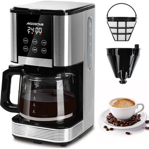 Aigostar Cora - Koffiezetapparaat - 1.5L/ 14 Kopjes - Filterkoffie - Digitaal Display, Timer en Warmhoudplaat - 1000W - RVS/Zwart