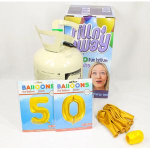 Verjaardag Versiering Pakket 50 jaar - Helium tank voor ballonnen - versiering ballon 50 Jaar Verjaardag Versiering Volwassenen - Ballonnen Goud & Krullint Goud - Ballonnen 50 jaar - Pakket 2 cijfers 34"" + Helium Tank + 10 ballonnen + Krullint