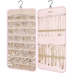 Sieraden organizer - Beige/roze - 62 vakjes - Hang gedeelte en vakken - Dubbelzijdige hangende sieradenhouder - Opbergsysteem, opbergtas, opbergruimte voor oorbellen, kettingen, armbanden - 64 x 36 cm - Tweezijdig - Groot