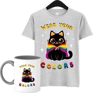 Schattige Pride Vlag Kat - Unisex T-Shirt Mannen en Vrouwen - LGBTQ+ Suporter Kleding - Gay Progress Pride Shirt - Rainbow Community - T-Shirt met mok - Unisex - Ash Grijs - Maat M