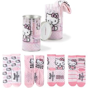 Hello Kitty Sokken in Spaarpot – 4 Paar – Kindersokken – Cadeauverpakking – Officieel Gelicenseerd