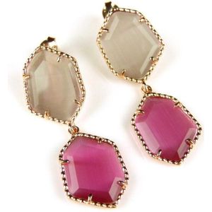 Zilveren oorringen oorbellen roos goud verguld Model Hexagon met bruine en roze stenen