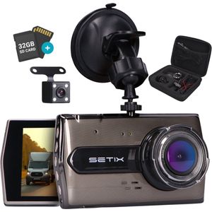 Setix Dashcam Go - Voor en Achter Camera – Inclusief 32GB SD kaart - Full HD 1080P Resolutie – Met Opbergcase tegen Diefstal - Nachtzicht – Plug & Play - Parkeermodus - 170 Graden Kijkhoek – Loop Recording – 2025 Auto Camera