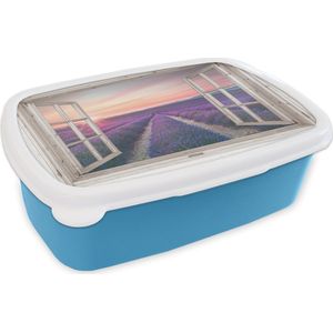 Broodtrommel Blauw - Lunchbox - Brooddoos - Doorkijk - Lavendel - Bloemen - Hout - Zonsondergang - Paars - 18x12x6 cm - Kinderen - Jongen