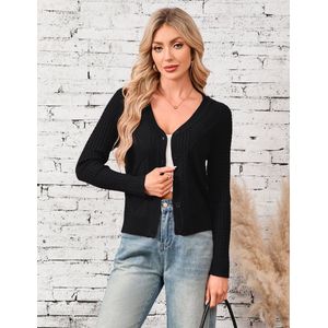 Dames Cardigan Elegante Lange Mouw Bolero V-hals Knoopsluiting Gebreide Cardigan Lichtgewicht Gebreide Jas Zwart XL