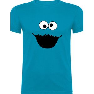 Kinder shirt - T-shirt voor kinderen - Blauw - Maat 122/128 T-Shirt leeftijd 7 tot 8 jaar - Cookie monster -T-shirt - zwarte print - cadeau - Shirt cadeau