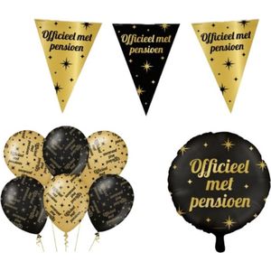 Classy Party Pensioen versiering - Pensioen pakket - Vlaggenlijn - Ballon - Zwart/Goud - 3 Delig