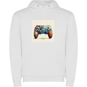 Witte unisex hoodie met “ Kleurrijke Game Controller“ Print Full merk Roly maat 128 7/8 jaar