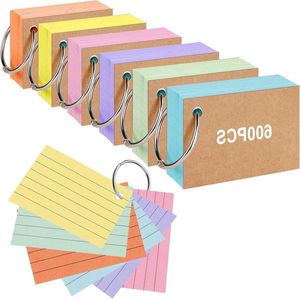 600 stuks 74 x 52 cm kleurrijke revisie flashkaarten - gelinieerde indexkaarten voor kantoor en school met 6 ringbandringen