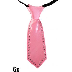 6x Mini stropdas roze met strass stenen 20cm - Festival thema feest pride fun party