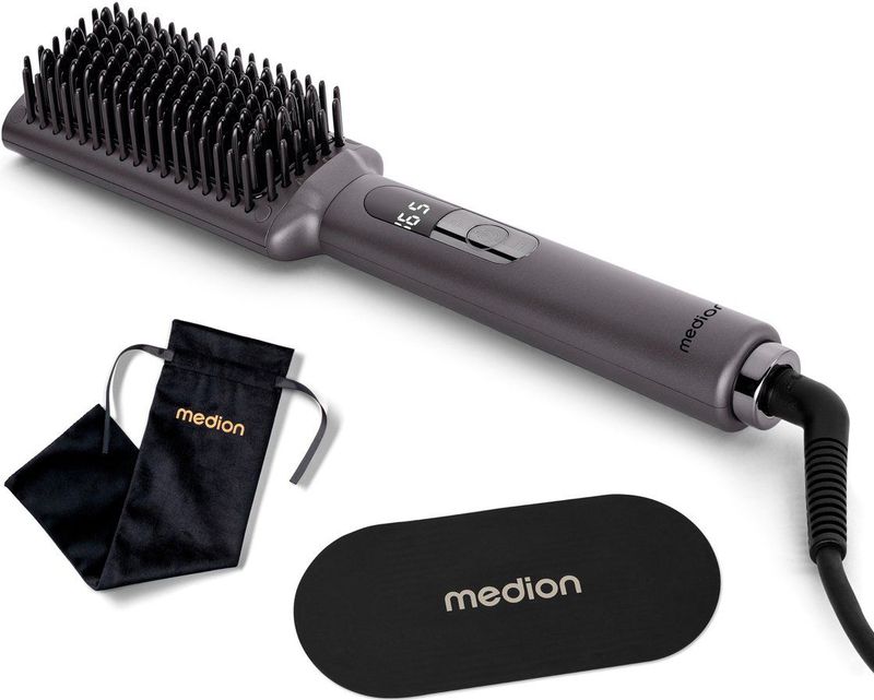 MEDION stijltang met ionentechnologie HB1 (borstelvorm met keramische/tourmaline verwarmingselementen, 5 instelbare warmtestanden (165° - 210°), LED-display met temperatuurindicator) grijs