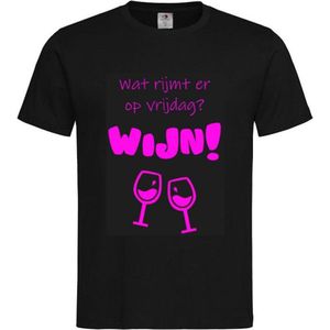 T-shirt Unisex Volwassenen Lol - carnaval - kermis - feestje - grappig - weekend Tekst ""Wat rijmt er op vrijdag? Wijn!"" Op Voorkant | korte mouw | Zwart/fluor pink | maat M